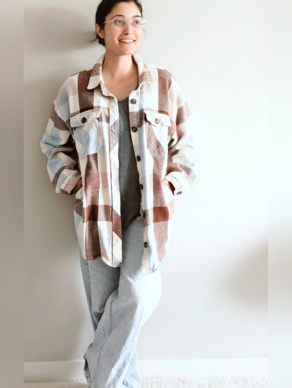 Pastel Plaid 100% Cotton Shacket | Oversized Flannel | Button Up Jacket | Size L